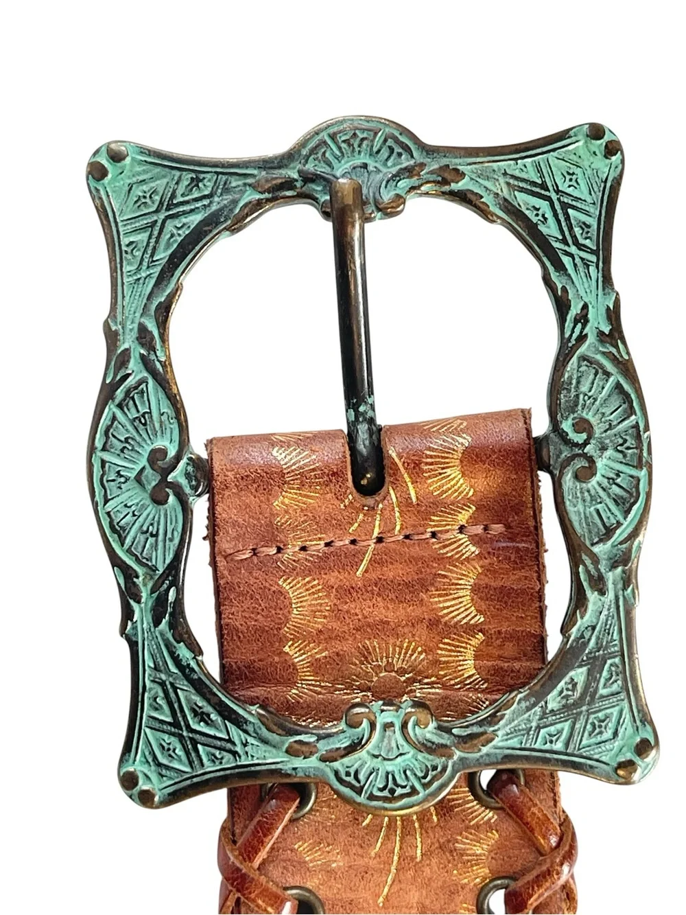 Streets Ahead Cognac Leather Belt Square Patina Buckle Boho Vintage 90s Size M/L